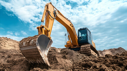 Excavator at a construction site, digging and moving earth for a building project -
