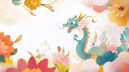 A whimsical dragon surrounded by colorful flowers in a vibrant fantasy landscape.