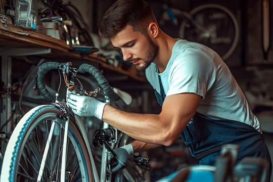 Man Wearing Gloves Repairs a Bicycle