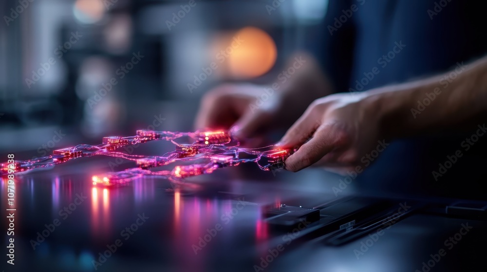 Poster hands skillfully design a futuristic circuit board, showcasing advanced technology through glowing e