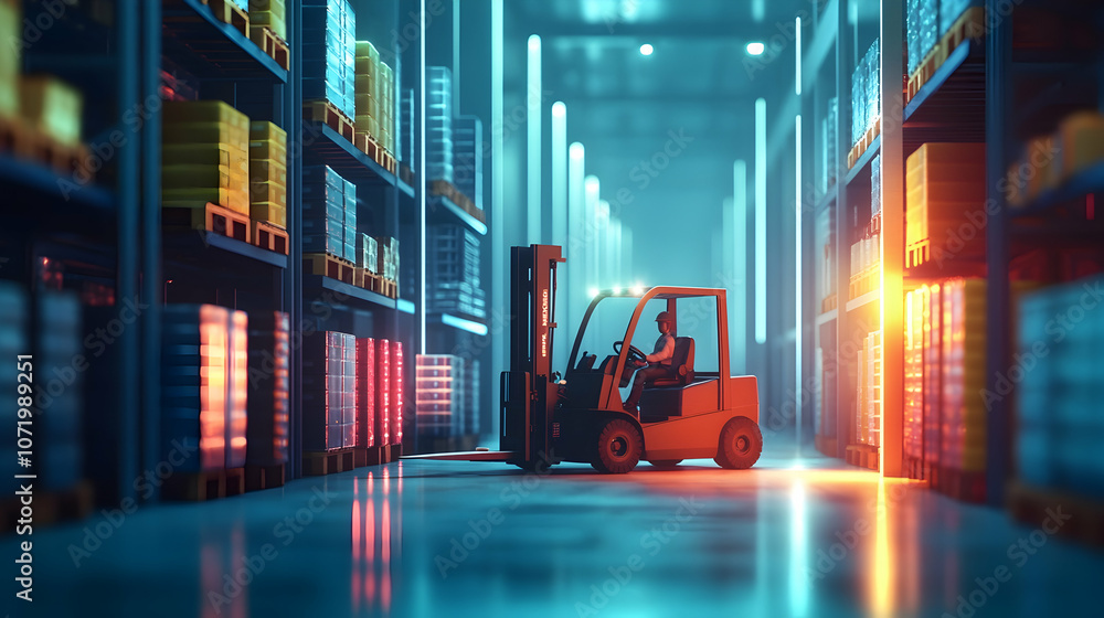 Poster forklifts moving pallets in a side-view animation, illustrating efficient warehousing and logistics 