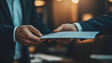 Former CEO passing business documents to a new director, symbolizing transition and retirement -