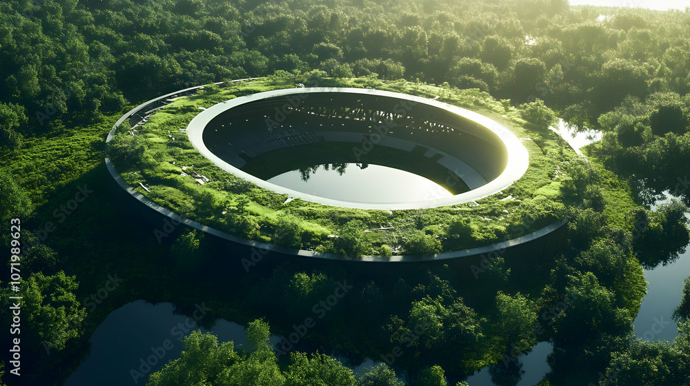 Poster futuristic circular stadium surrounded by greenery, showcasing modern architecture and design for sp