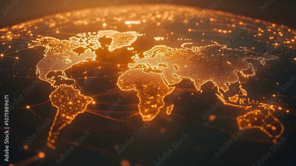 Poster futuristic digital world map with glowing interconnected networks, symbolizing global connectivity a