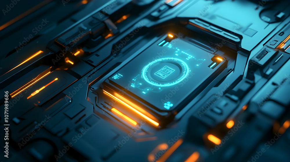 Poster futuristic digital lock with glowing lights and abstract design, symbolizing cybersecurity and digit