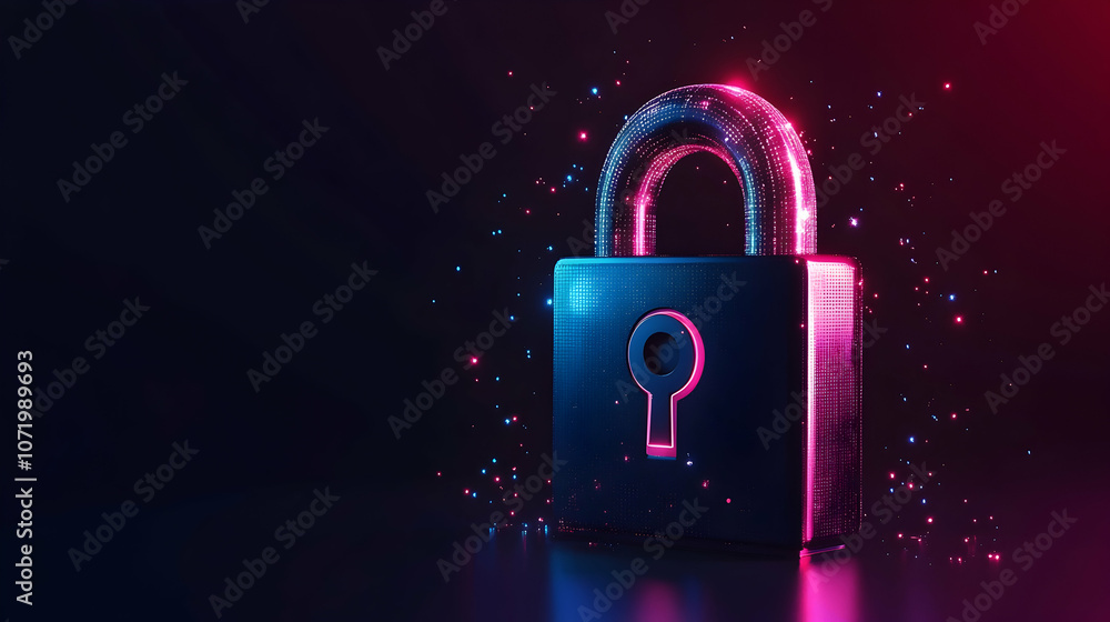 Poster futuristic digital lock with glowing lights and abstract design, symbolizing cybersecurity and digit