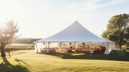 A picturesque outdoor wedding venue features a large white tent set on a lush green lawn, bathed in warm, golden sunlight.