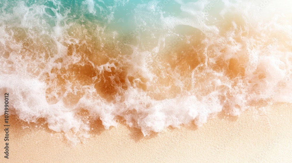 Poster the image captures ocean waves rolling onto a sandy beach, creating white foam as they crash, under 