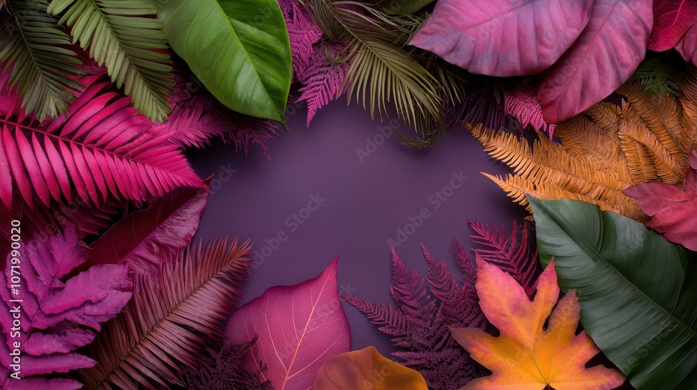Poster a vivid array of tropical leaves frames a central blank space, showcasing an artistic interplay of c