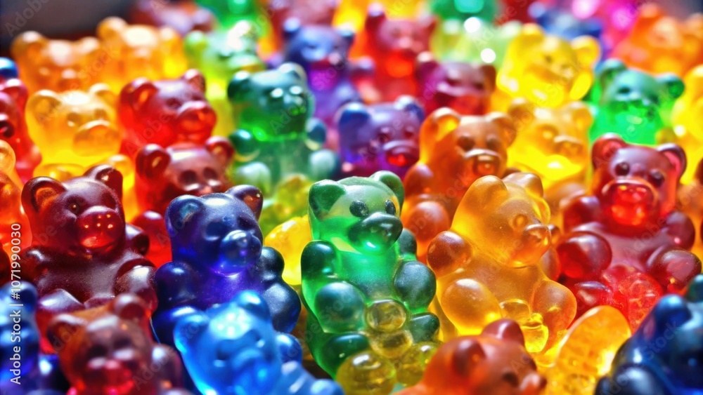 Poster A close-up image of a vibrant assortment of colorful gummy bears, each shimmering with translucent hues and showcasing a delightful array of candy shapes.