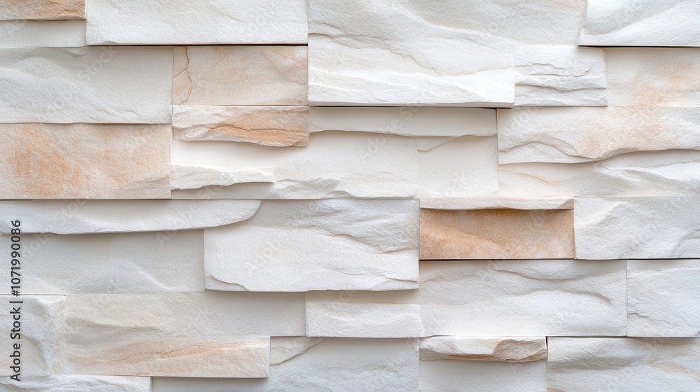 Poster an image showcasing a white stone wall with layered patterned stacking, blending textures and shades
