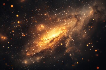 Naklejka premium The vastness of the universe, galaxies and stars in space, an orange glow on the spiral galaxy
