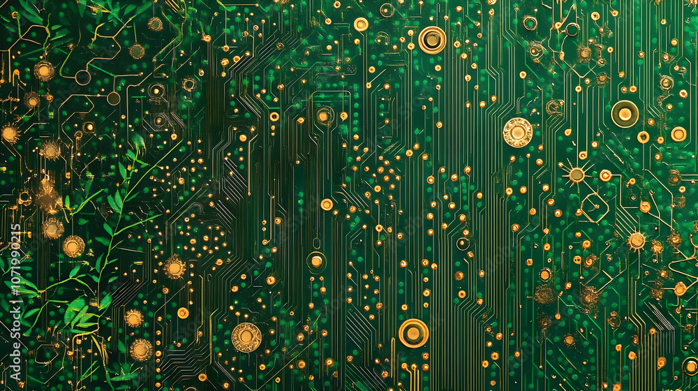 Poster green circuit board with intricate patterns and components, symbolizing technology and connectivity 