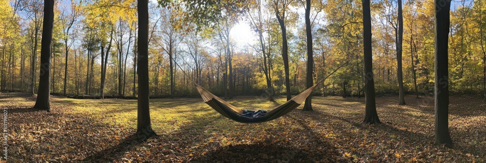 Poster a hammock hangs between two trees in a forest. the trees have yellow leaves and the ground is covere