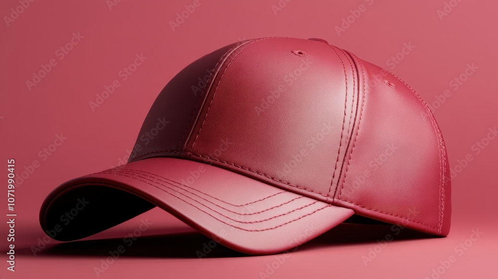 Poster a sleek and minimalistic red baseball cap is displayed on a matching monochromatic background, highl
