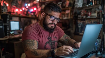 A man with tattoos and a beard is focused on typing on a laptop in a dimly lit room with colorful lights and eclectic decor, creating a creative workspace atmosphere.