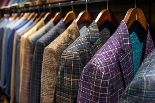 A selection of tailored jackets hangs on a clothing rack in a retail store.