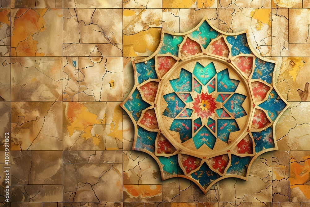Poster a decorative geometric design featuring intricate patterns on a textured background.