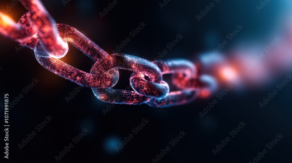 Poster a close-up view of an illuminated chain with a digital glow, symbolizing strength and connection aga