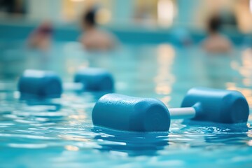 Blue dumbbells floating in indoor pool, blurred swimmers behind.