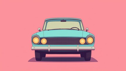 A vintage blue car facing forward against a pink background