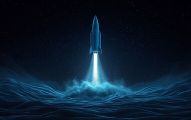 Fototapeta premium A blue rocket is flying through the sky above a body of water