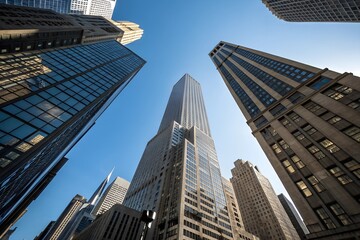 low angle view of tall skyscrapers with a blue sky