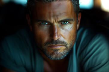 Portrait of an attractive man in his fourties, with dark hair and a beard, blue eyes, and an illuminated face, looking directly at the camera.