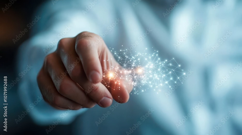 Poster a hand extends a finger towards a glowing network of connections, illustrating the interaction betwe