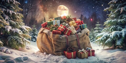 Obraz premium A festive sack overflowing with Christmas presents sits in a snowy forest under a full moon.