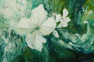 Art jasmine with petals in soft white and hints of green, swirling gracefully into an abstract, floral scene