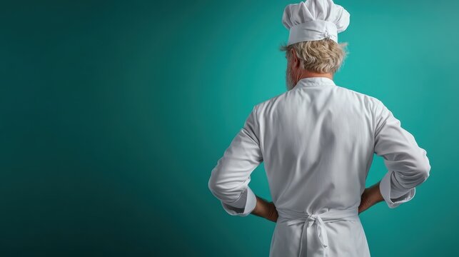A chef seen from behind is standing with hands on hips, wearing a classic white uniform and hat in a vibrant kitchen environment showcasing culinary expertise.