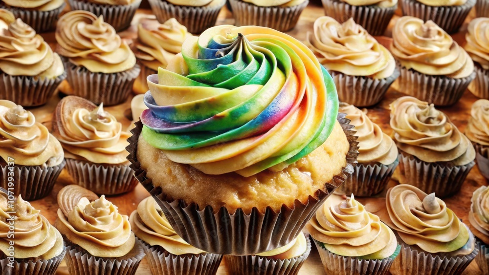 Poster A single colorful cupcake with rainbow swirl frosting sits on a table among cupcakes with traditional tan frosting.