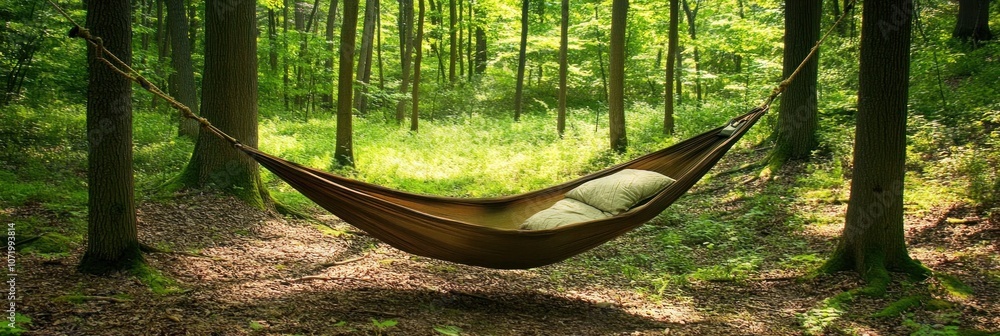 Poster Hammock strung between two trees in a forest.