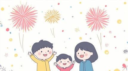 Cheerful family celebrating with fireworks, sharing joy in a festive atmosphere.