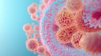 A colorful, abstract representation of viral particles, showcasing intricate details and a scientific aesthetic.