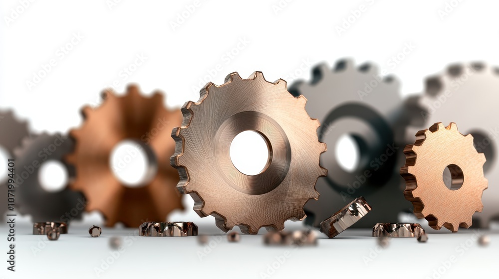 Poster a detailed close-up image of several interlocking metal gears on a white background, symbolizing pre