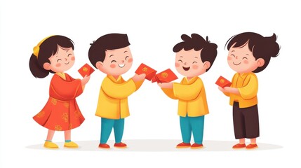 Children joyfully exchanging red envelopes during a festive celebration.