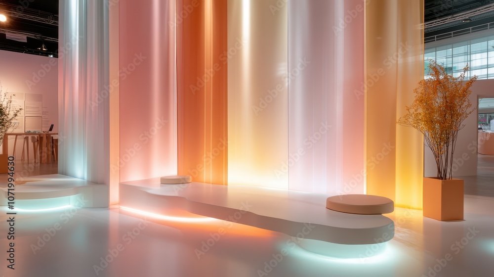 Aufkleber a sleek and minimalistic artistic installation featuring colorful vertical lights and a simple platf