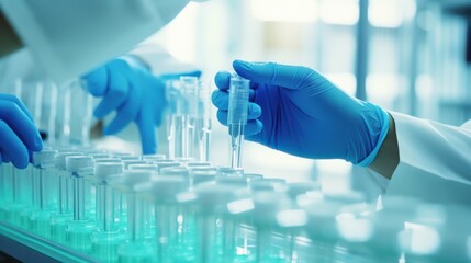 Precise, gloved hands meticulously perform pipetting in a pristine clinic, epitomizing scientific accuracy and care.