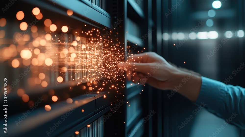 Poster a hand extends towards a shimmering array of sparkling data within servers, symbolizing the interact