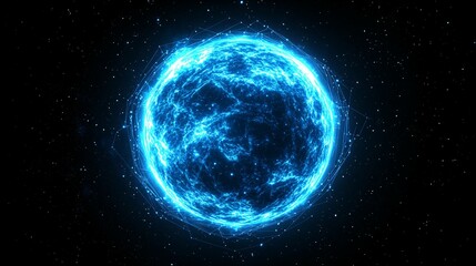Fototapeta premium A blue glowing globe surrounded by digital lines and beams on a black background