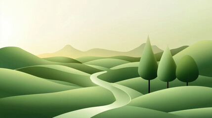 Obraz premium Serene landscape with rolling green hills and a winding river under a soft sky, AI