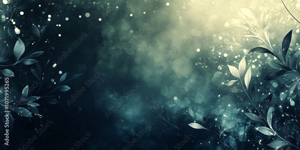 Aufkleber enchanting teal and silver botanical pattern with luminous leaves and bokeh for a captivating and wh