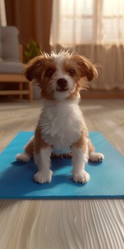 A cute puppy is sitting on a yoga mat