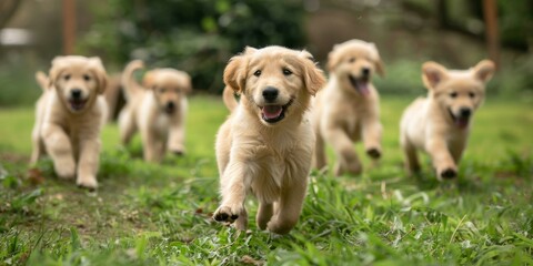 Fototapeta premium Five Golden Retriever puppies running on a grass field