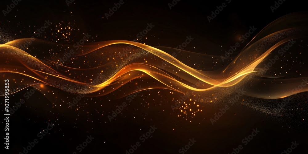 Poster luxurious and elegant design with abstract golden waves flowing on a black background and particles