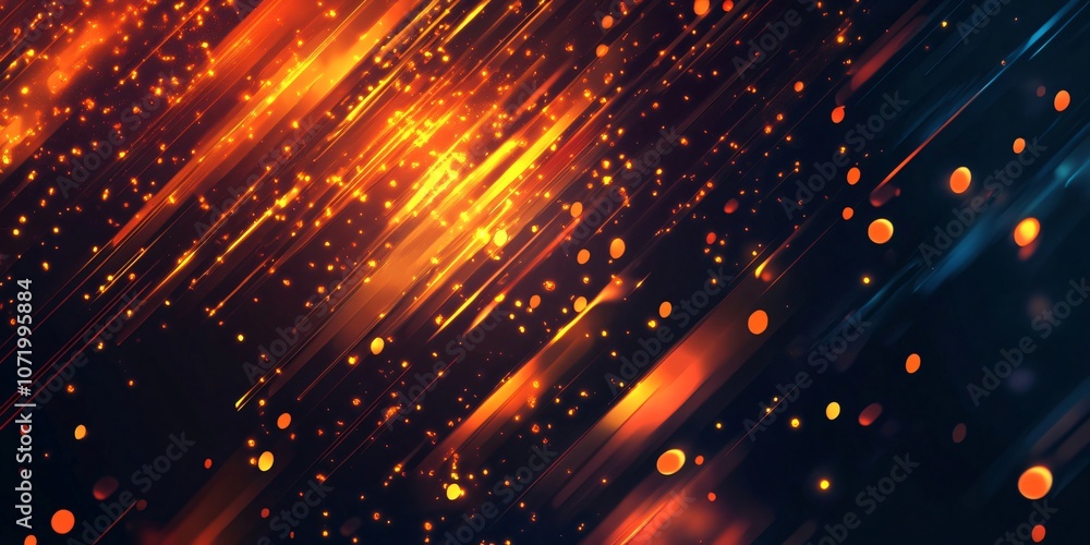 Poster converging diagonal orange light trails and particles create a vibrant and energetic abstract backgr