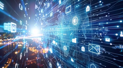 Obraz premium Digital Technology Future Internet Network - a futuristic and innovative visual. The white background emphasizes the connectivity and modernity of the digital network.