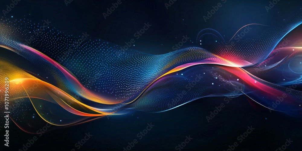 Poster vibrant abstract waves gracefully flow against a dark backdrop, producing a captivating visual displ